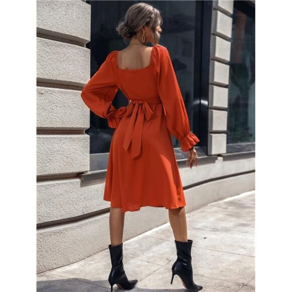 Square Neck Flounce Sleeve Midi Dress - Picture 4 of 4